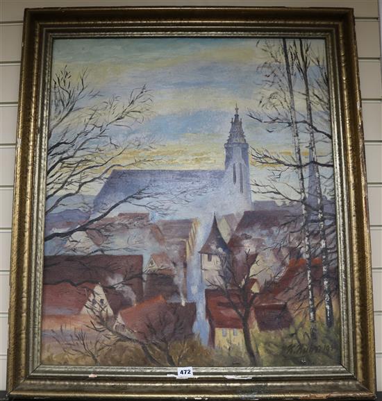 K. Kuhn, oil on board, church viewed across rooftops, signed and dated 1949, 74 x 64cm